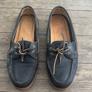 Sperry Gold Cup Navy Leather Moc Toe Boat Shoes with Tan Accents